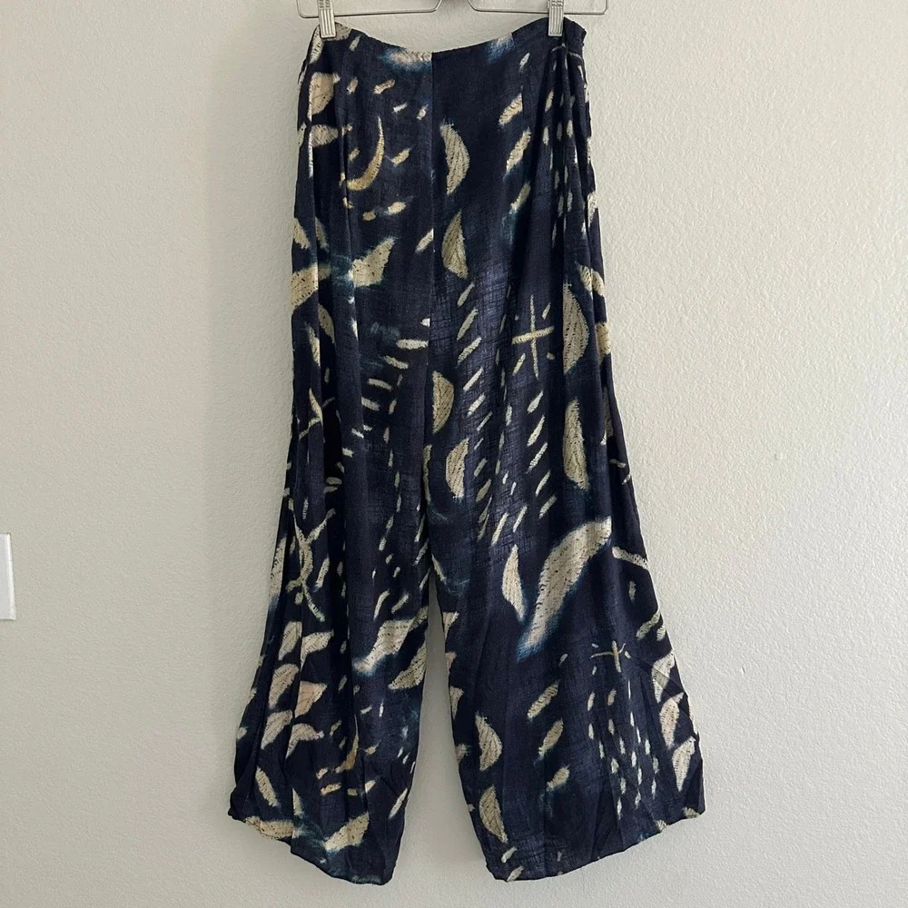Soft Surroundings Velora Wrap Pants 10 Blue Abstract Feather Wide‎ Leg Linen Bl